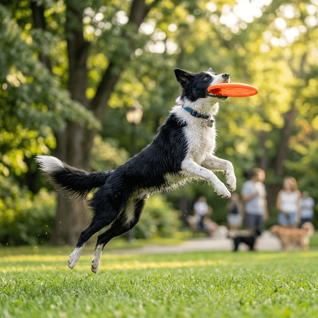 Cão energético capturando frisbee